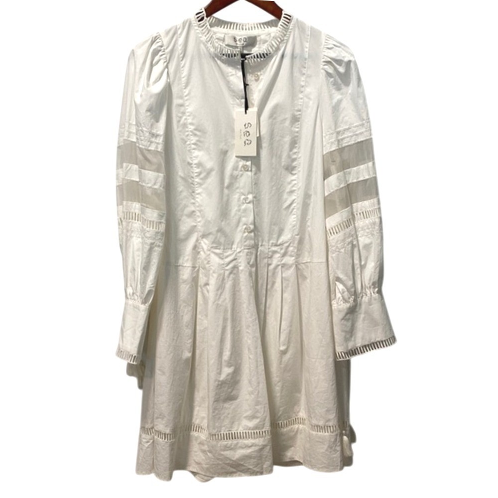 SEA NEW YORK White Cotton Lace Trim Puff‎ Sleeve Button Front Dress Size 8